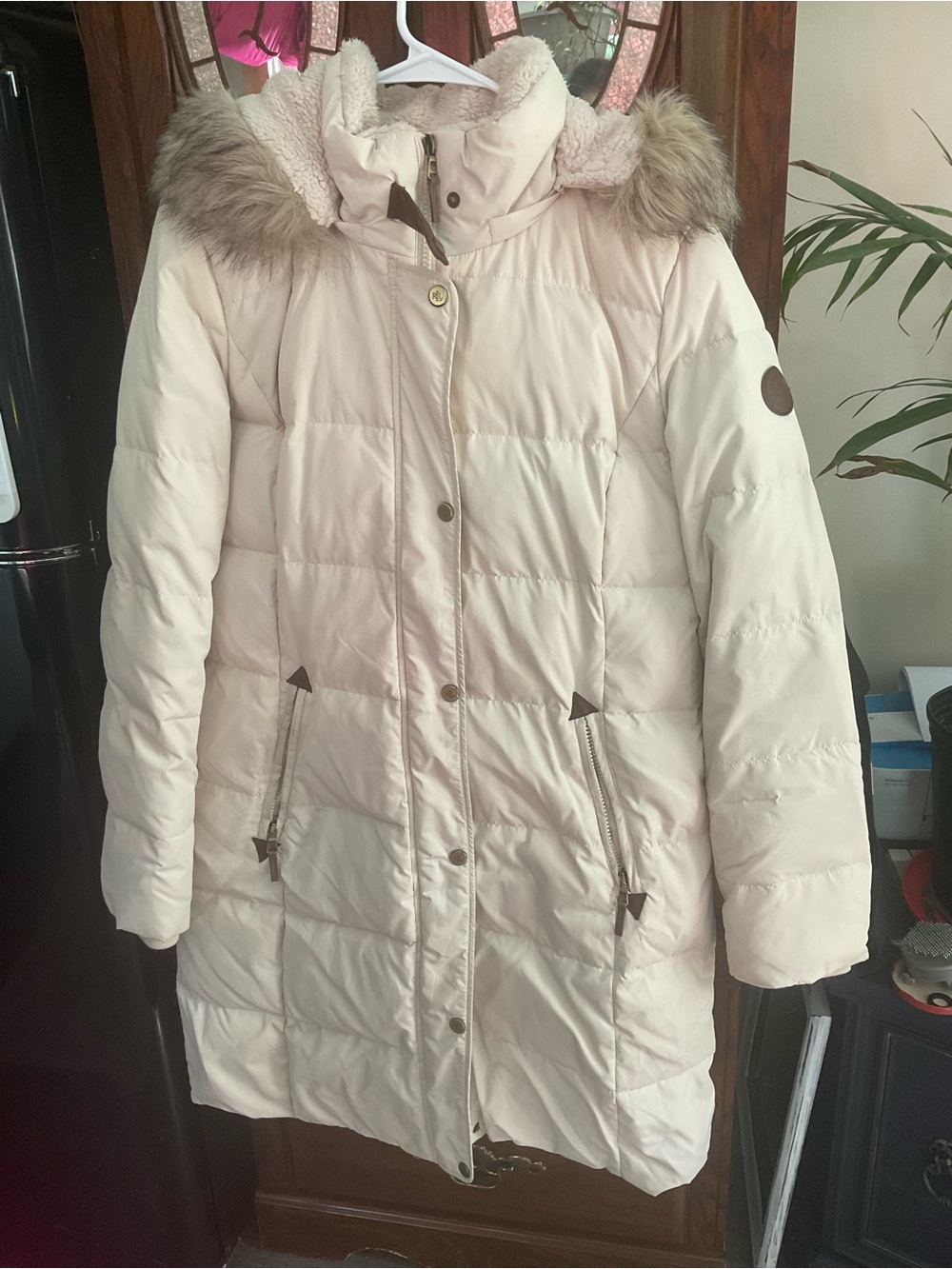 Ralph Lauren Cream Quilted Puffer Coat with Faux Fur Trim